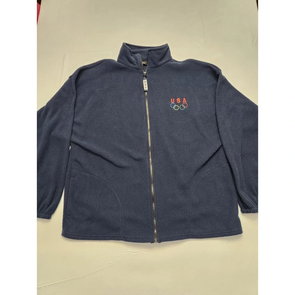 Vintage USA Olympics Jacket Mens XXL Navy Blue Full Zip Fleece Embroidered Rings